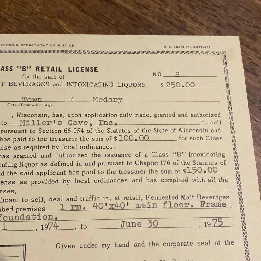 Vintage 1974 Millers Cave La Crosse WI Liquor & Tobacco License Store Permit HTF